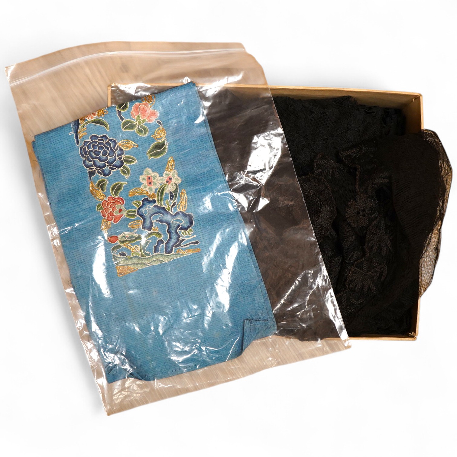 A pair of Chinese silk embroidered sleeve bands and a small collection of black lace stoles, etc.